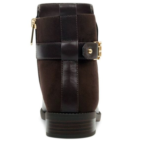 Tommy Hilfiger Irsela Brown Gold Ankle Zip Leather Booties - Picture 10 of 13